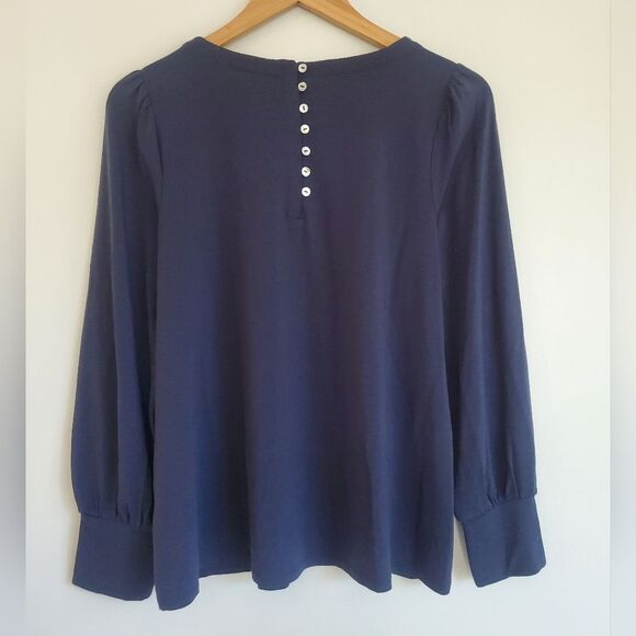 J. Jill Navy Blue Blouse With Long Sleeves And Shell Buttons Size Medium Petite - Picture 9 of 10
